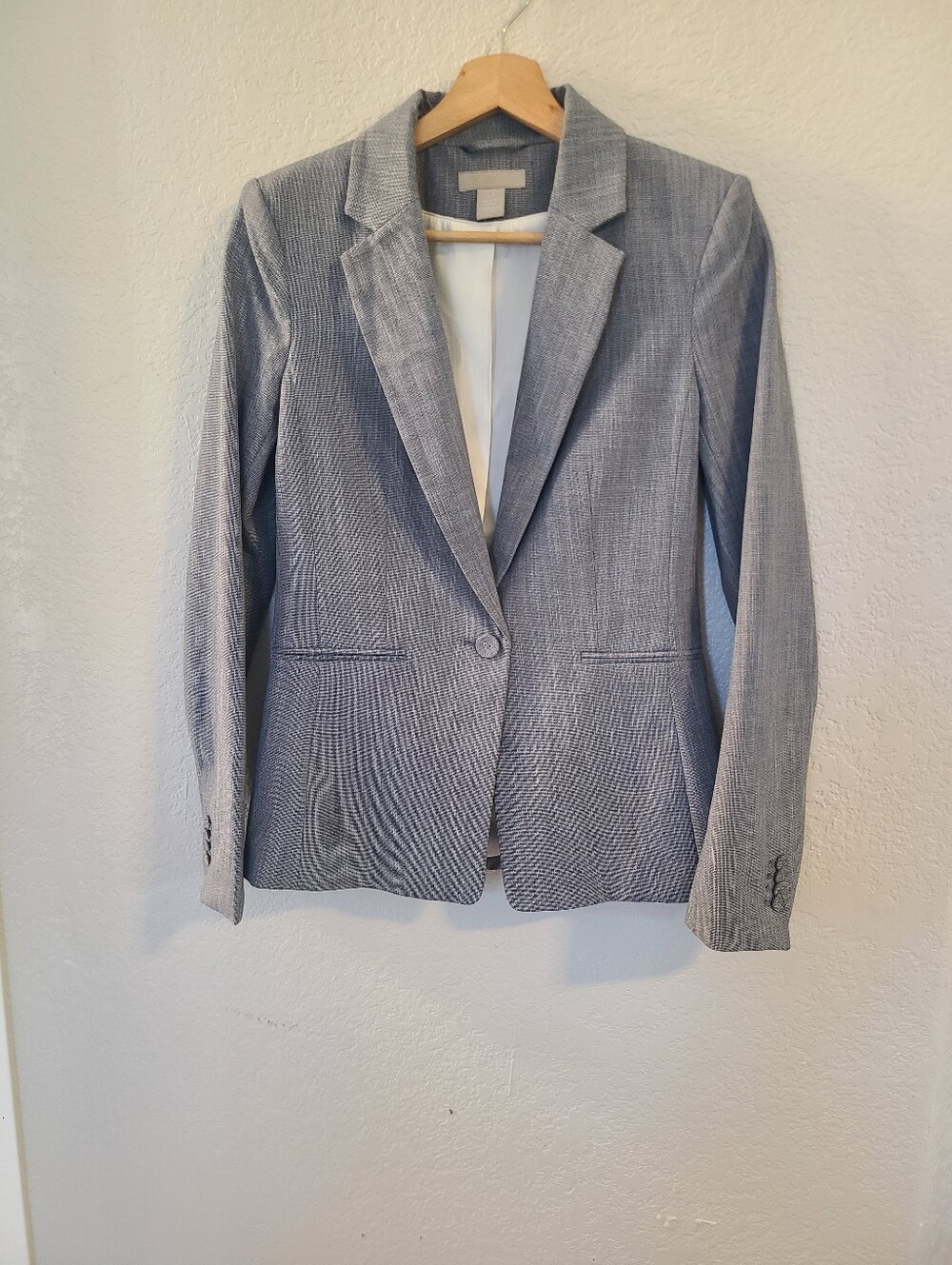 H&M Light Gray White Twill Single-Button Blazer Jacket Fitted Tailored Size XS